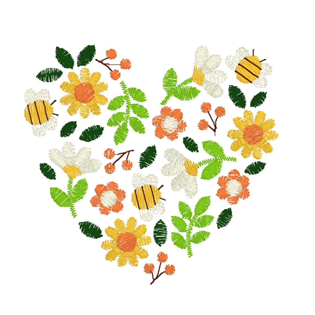 motif broderie machine coeur fleuri avec abeilles